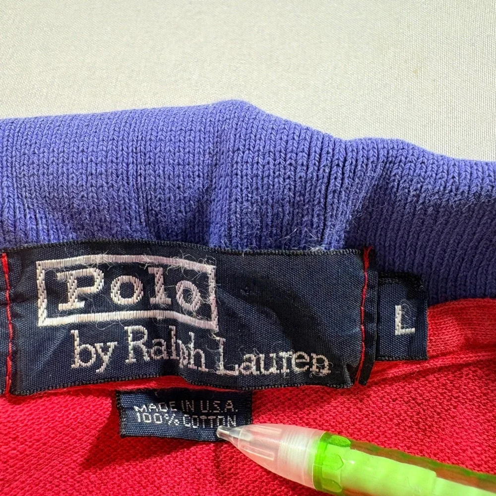 Polo Ralph Lauren Polo Shirt Men Large Red Blue Colorblock Pique Made in USA 90s